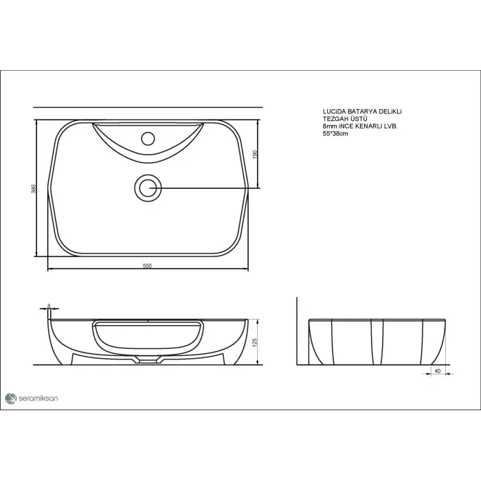 Lucıda Tezgahüstü Mat Yeşil Bat.Del.Lavabo(55Cm.)
