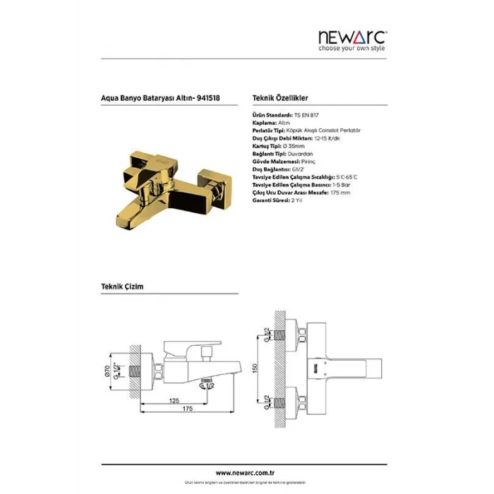 Newarc Aqua Banyo Bataryası (Altın)
