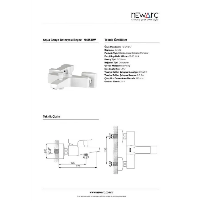 Newarc Aqua Banyo Bataryası Beyaz