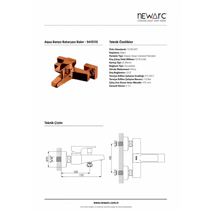 Newarc Aqua Banyo Bataryası Parlak Bakır