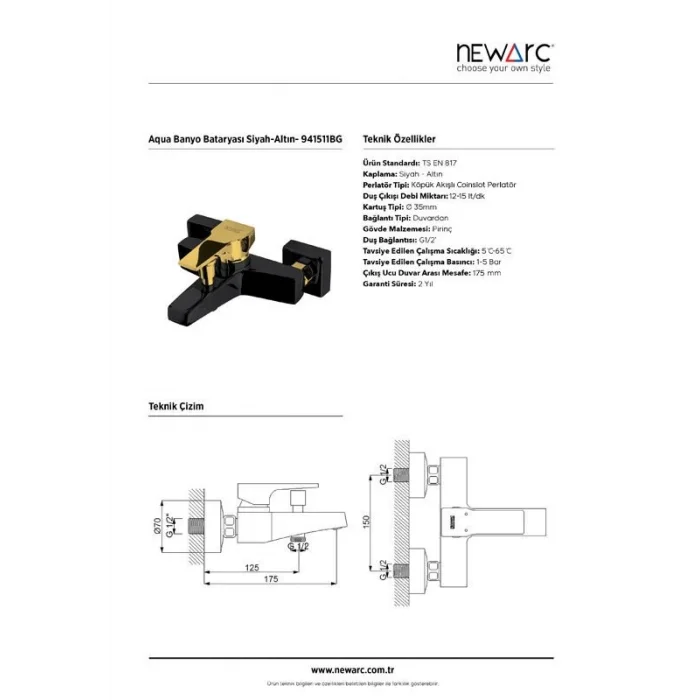 Newarc Aqua Banyo Bataryası Siyah/Altın