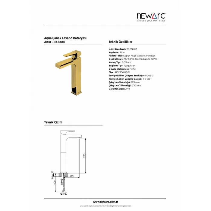 Newarc Aqua Çanak Tipi Lavabo Bataryası Altın