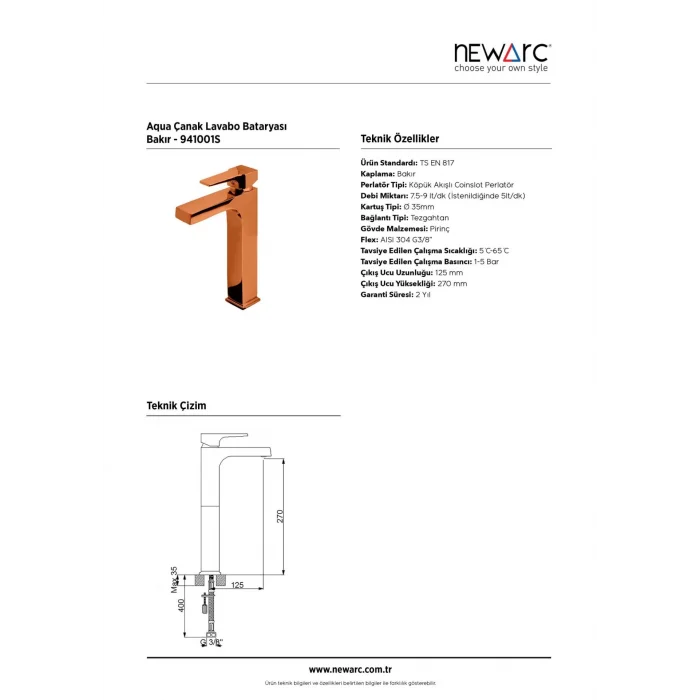 Newarc Aqua Çanak Tipi Lav.Bataryası Parlak Bakır