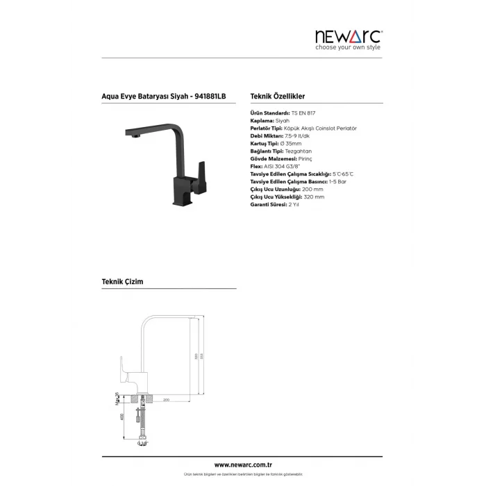Newarc Aqua Evye Bataryası Borulu (Siyah)