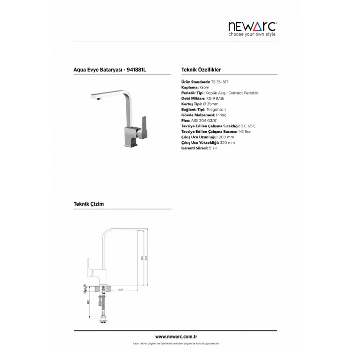 Newarc Aqua Evye Bataryası Köşe Borulu