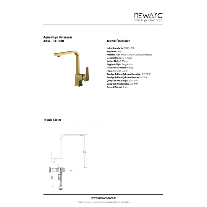 Newarc Aqua Evye Bataryası L Borulu (Altın)