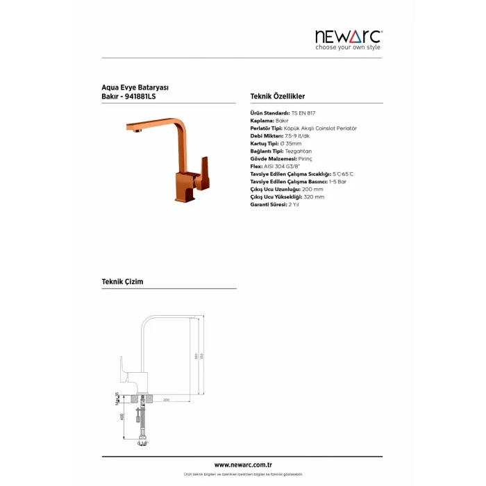 Newarc Aqua Evye Bataryası Parlak Bakır