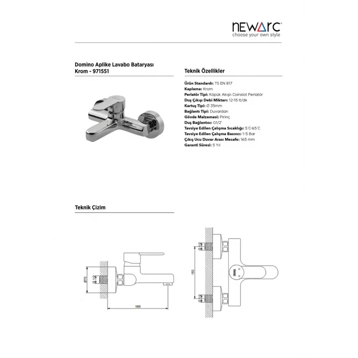 Newarc Domıno Aplike Lavabo Bataryası