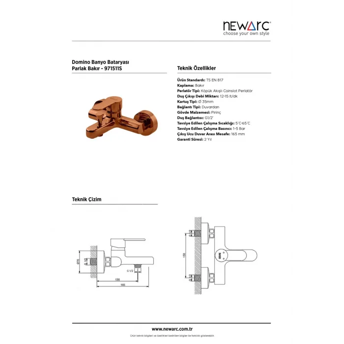 Newarc Domıno Banyo Bataryası Parlak Bakır