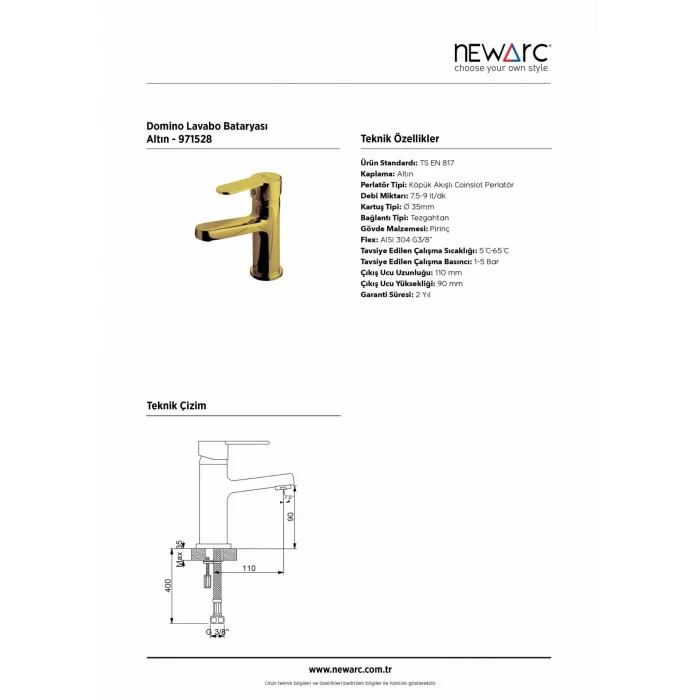 Newarc Domıno Lavabo Bataryası Altın