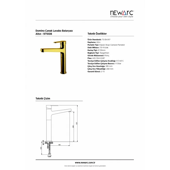 Newarc Domıno Yüksek Lavabo Bataryası Altın
