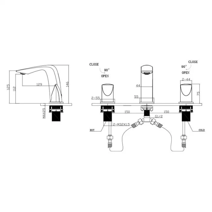 Newarc Loft  3 Delikli Lavabo Bataryası Siyah