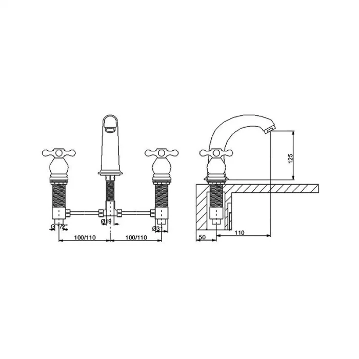 Newarc Nostalgıc Üç Delikli Lavabo Bataryası Altın