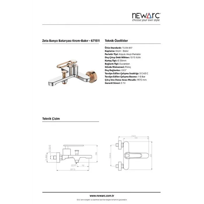 Newarc Zeta Banyo Bataryası Krom-Parlak Bakır