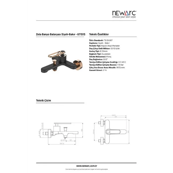 Newarc Zeta Banyo Bataryası Siyah-Parlak Bakır