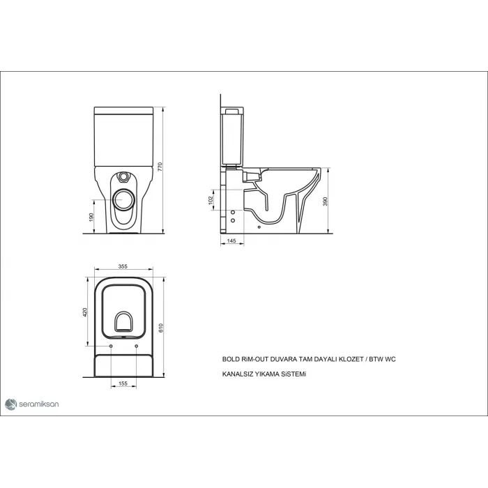 Seramiksan Bold Kanalsız DTD Klozet+ İç Tkm. + Yavaş Kapanır Kapak
