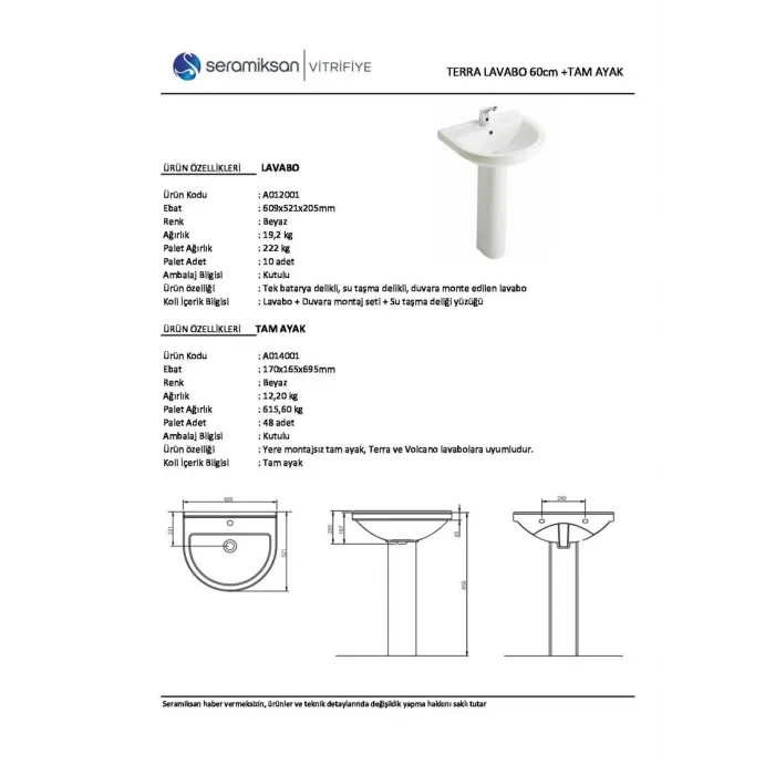 Seramiksan Terra 60 cm Lavabo + Kolon Ayak
