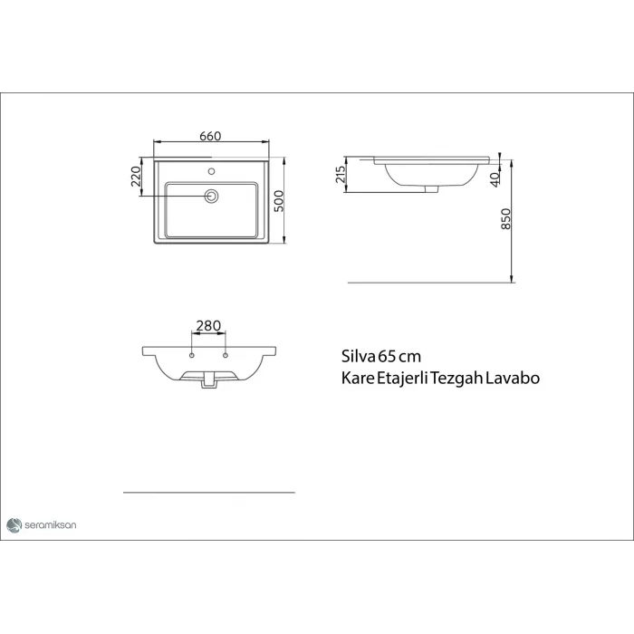Sılva Kare Etajerli Tezgah Lavabo (65Cm.)