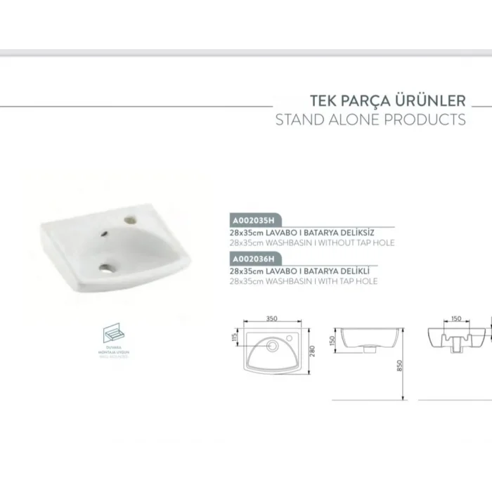 Tek Parça Lavabo 35 CM (Sağ Batarya Delikli)