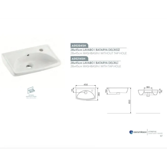 Tek Parça Lavabo 45 Cm Batarya Delikli