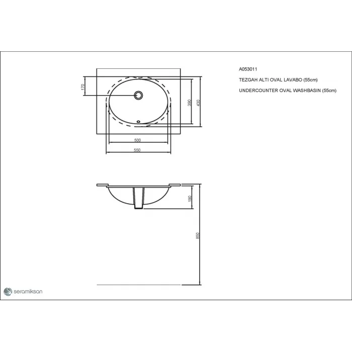 Tezgah Altı Oval Lavabo(55Cm.)