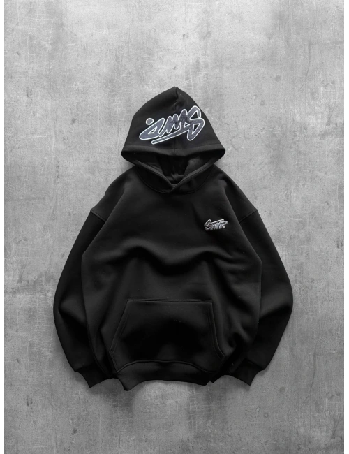 KAPÜŞON BASKILI OVERSIZE SWEATSHIRT SIYAH