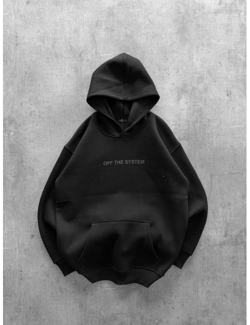 OFF THE SYSTEM BASKILI OVERSIZE KAPÜŞONLU SWEATSHIRT SİYAH