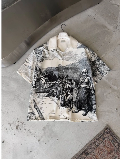SİYAH BEYAZ VİNTAGE BASKILI PREMİUM GÖMLEK