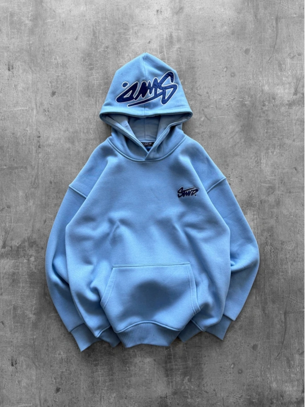KAPÜŞON BASKILI OVERSIZE SWEATSHIRT MAVI