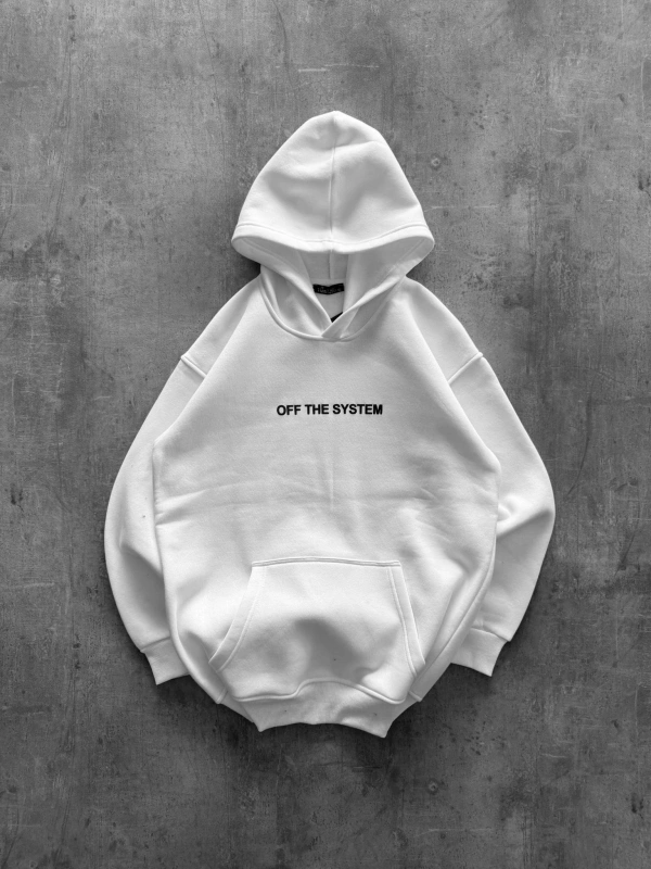 OFF THE SYSTEM BASKILI OVERSIZE KAPÜŞONLU SWEATSHIRT BEYAZ