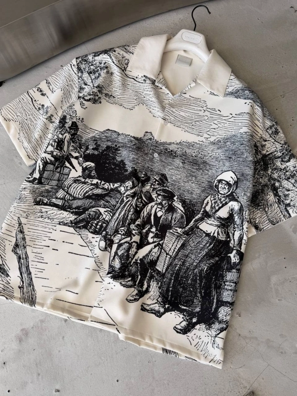 SİYAH BEYAZ VİNTAGE BASKILI PREMİUM GÖMLEK