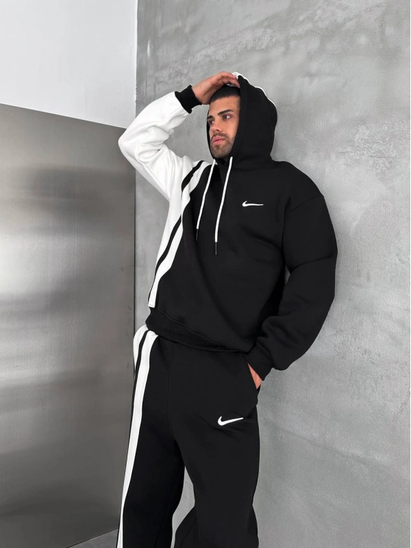 Yan Şeritli Oversize Eşofman Takımı Siyah-Beyaz