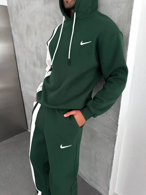 Yan Şeritli Oversize Eşofman Takımı Yeşil-Beyaz