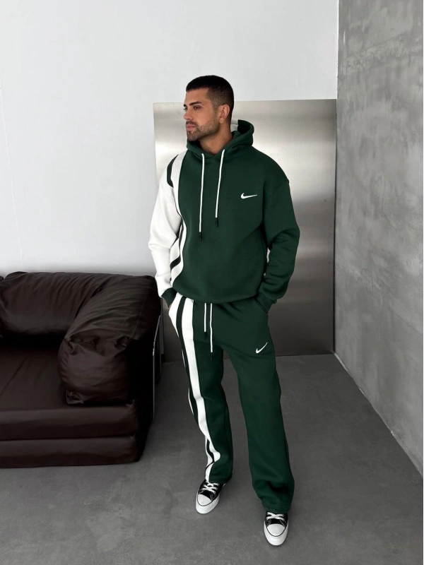 Yan Şeritli Oversize Eşofman Takımı Yeşil-Beyaz