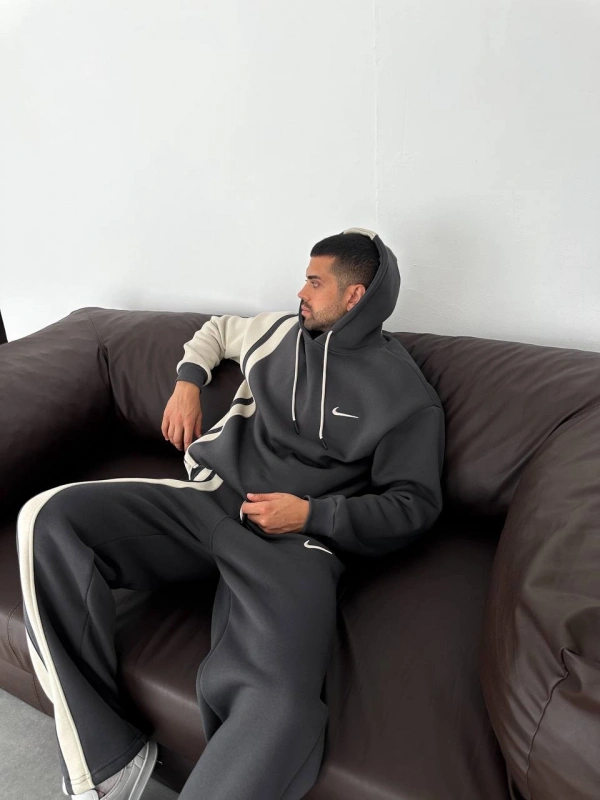 Yan Şeritli Oversize Eşofman Takımı Gri-Beyaz