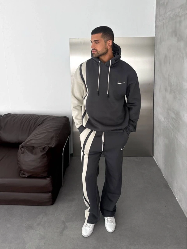 Yan Şeritli Oversize Eşofman Takımı Gri-Beyaz