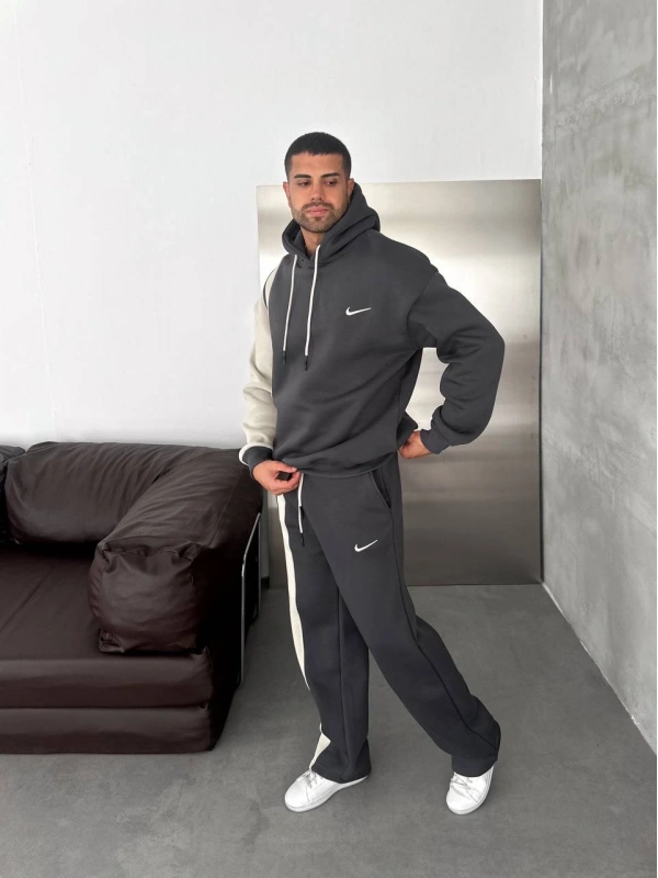 Yan Şeritli Oversize Eşofman Takımı Gri-Beyaz
