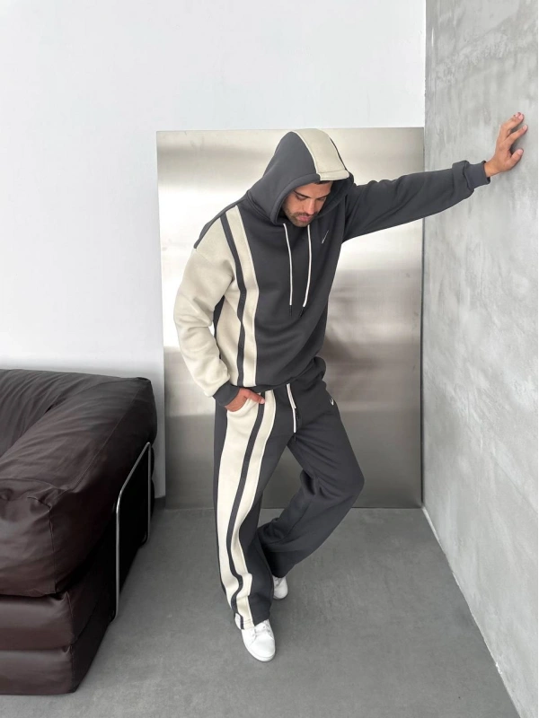 Yan Şeritli Oversize Eşofman Takımı Gri-Beyaz