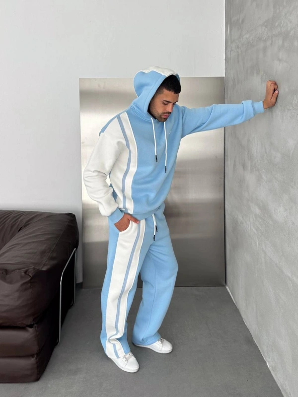 Yan Şeritli Oversize Eşofman Takımı Mavi-Beyaz
