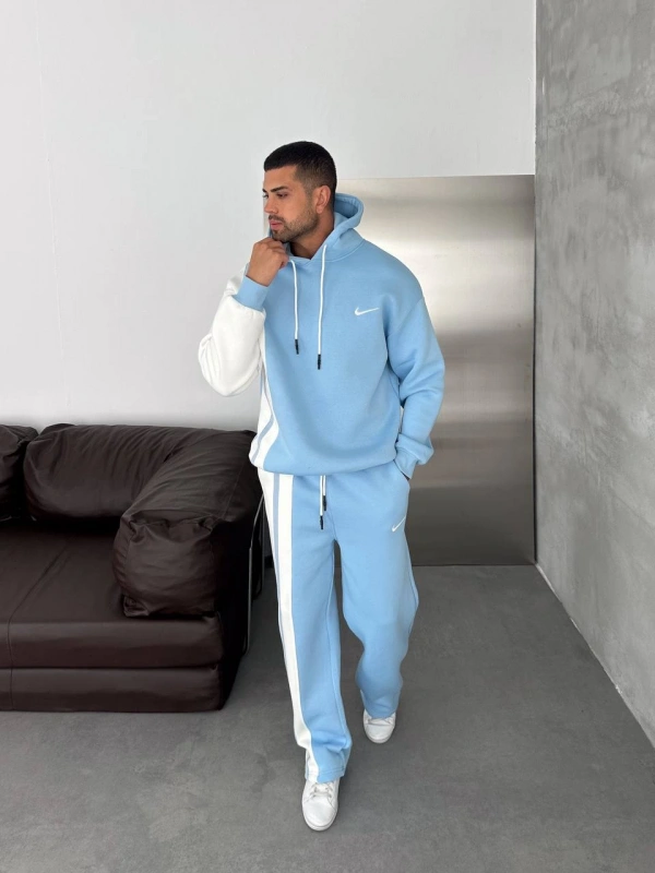 Yan Şeritli Oversize Eşofman Takımı Mavi-Beyaz