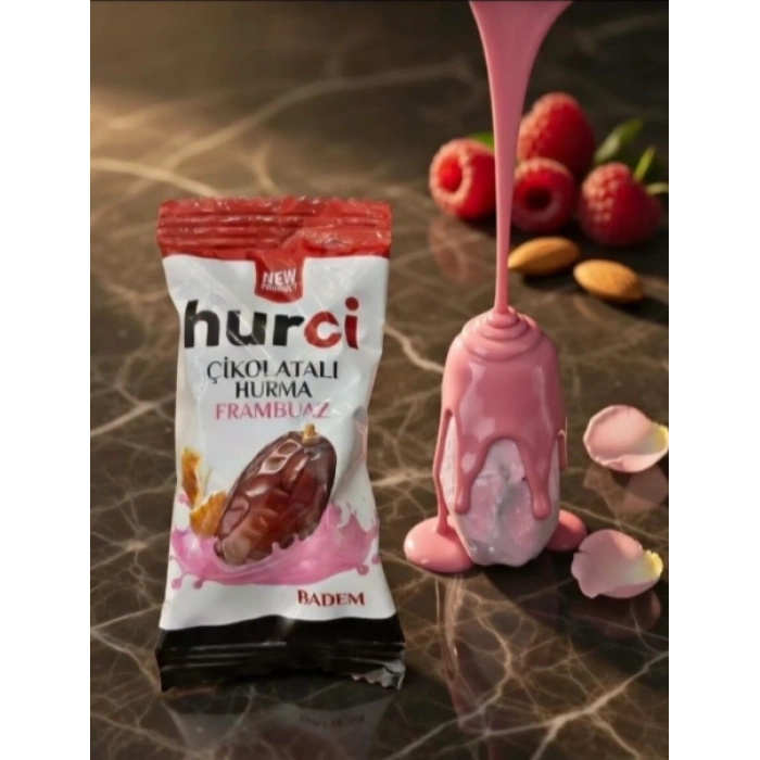 HURCİ FRAMBUAZLI, ÇİKOLATA KAPLI BADEMLİ HURMA 250 GR