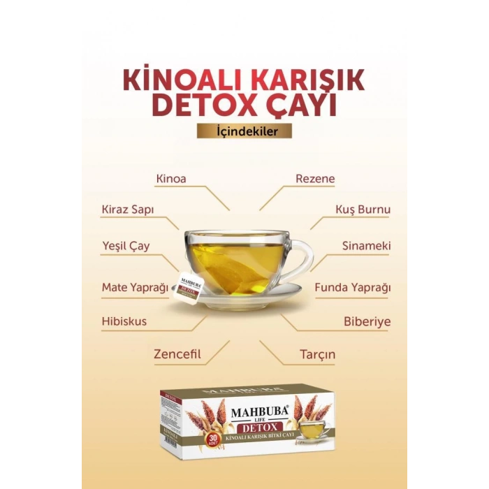 Mahbuba Kinoalı Karışık Detox Diyet Glutensiz Form Bitki Çayı 1 Aylık - ( 30 Kullanım ) Net 60gr x 6 Paket