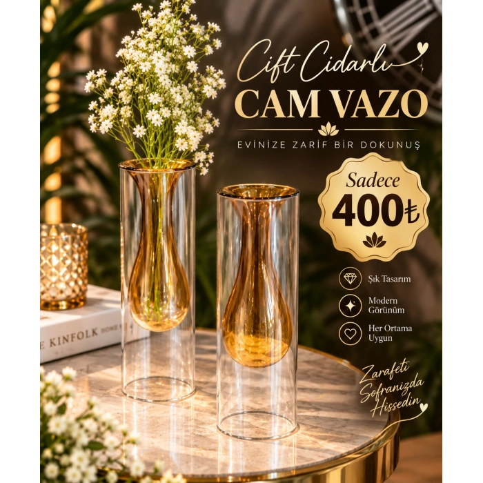 1 adet 22 cm çift cidarlı cam vazo