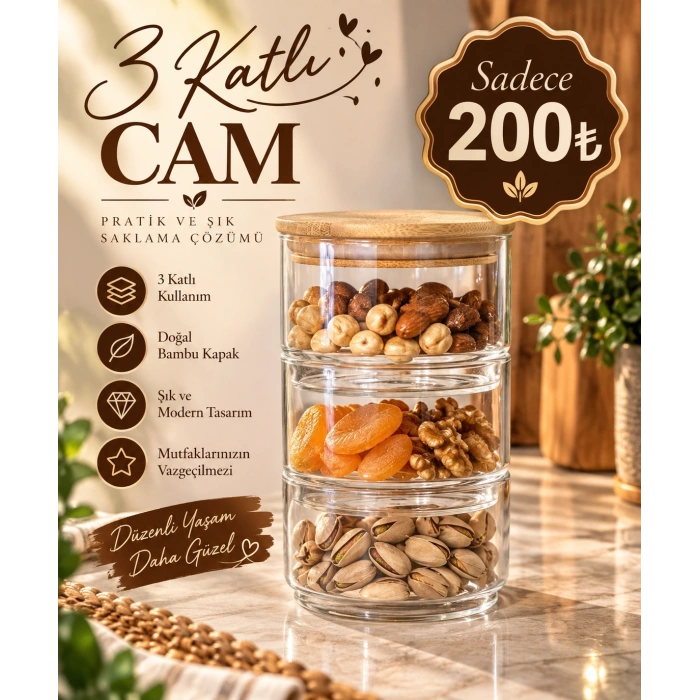 16 cm bambu kapaklı 3 katlı cam drajelik