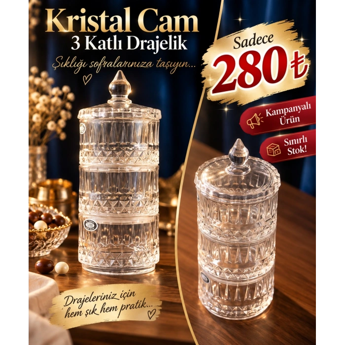 3 katlı cam drajelik 21 cm