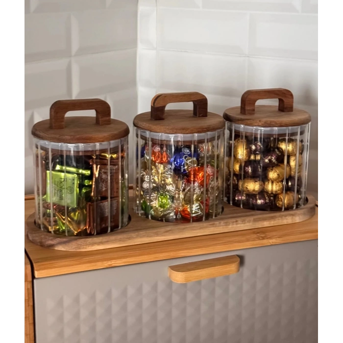 3 lü akasya kapaklı baharatlık seti 600ml