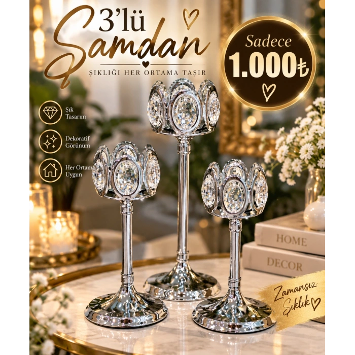 3 lü şamdan 30-25-20 cm