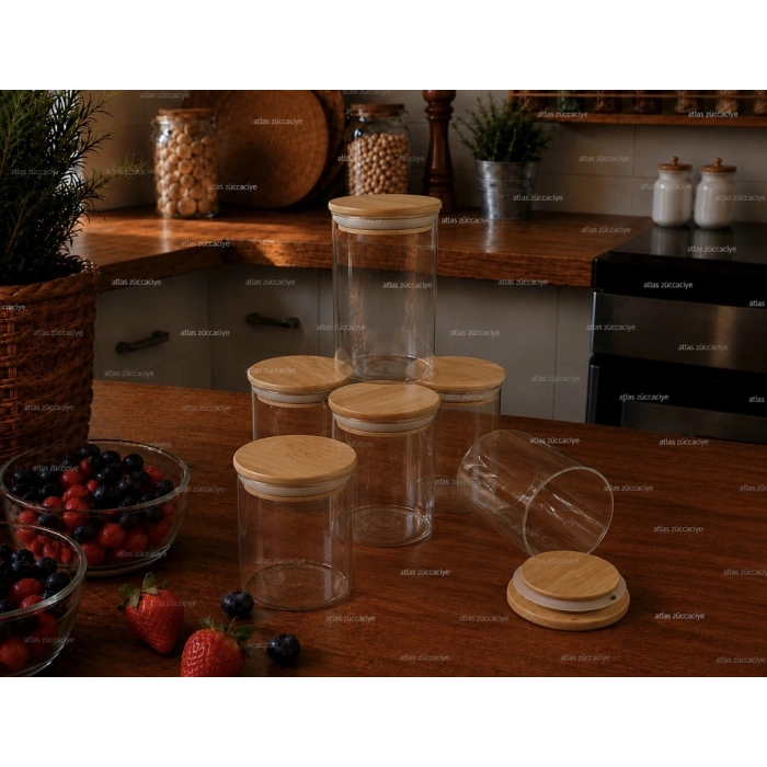 6 adet 250ml bambu kapaklı cam kavanoz