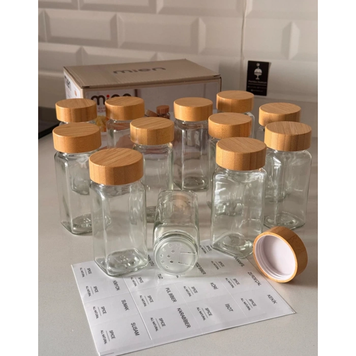 12 Li bambu kapaklı cam baharatlık 120ml