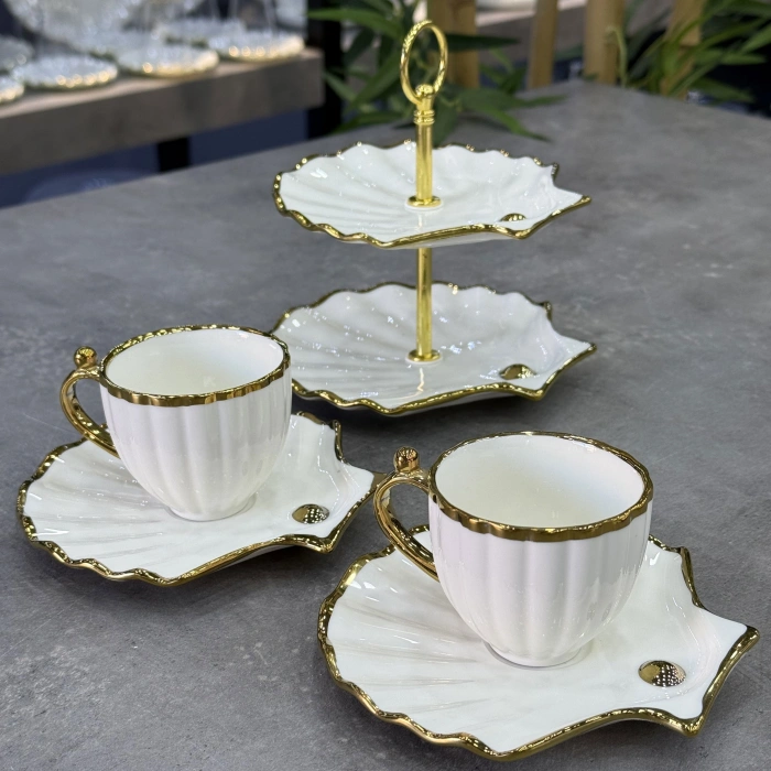 Lüx Porselen İstiridye Sunumlu 2 Li Fincan Takımı